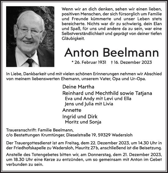 Traueranzeige von Anton Beelmann von Die Glocke