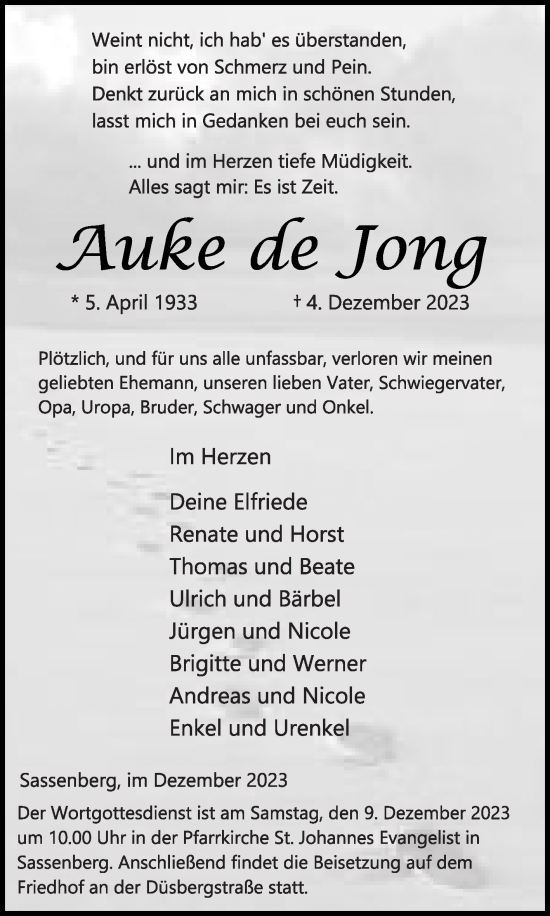 Traueranzeige von Auke de Jong von Die Glocke