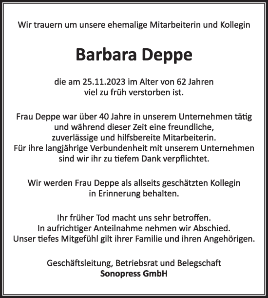 Traueranzeige von Barbara Deppe von Die Glocke