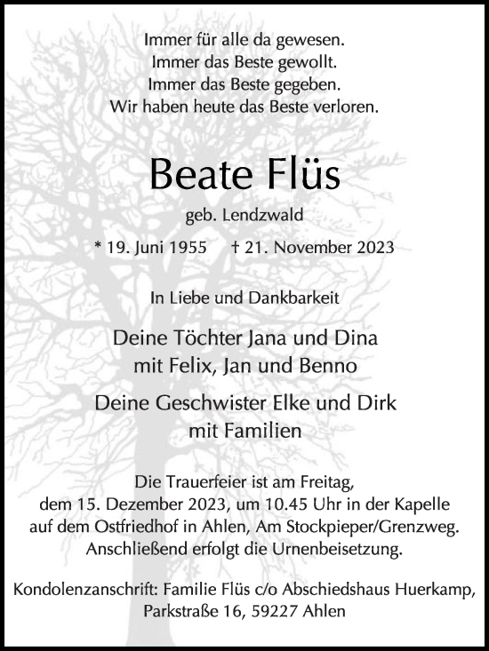 Traueranzeige von Beate Flüs von Die Glocke