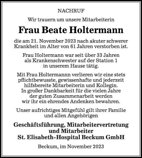 Traueranzeige von Beate Holtermann von Die Glocke