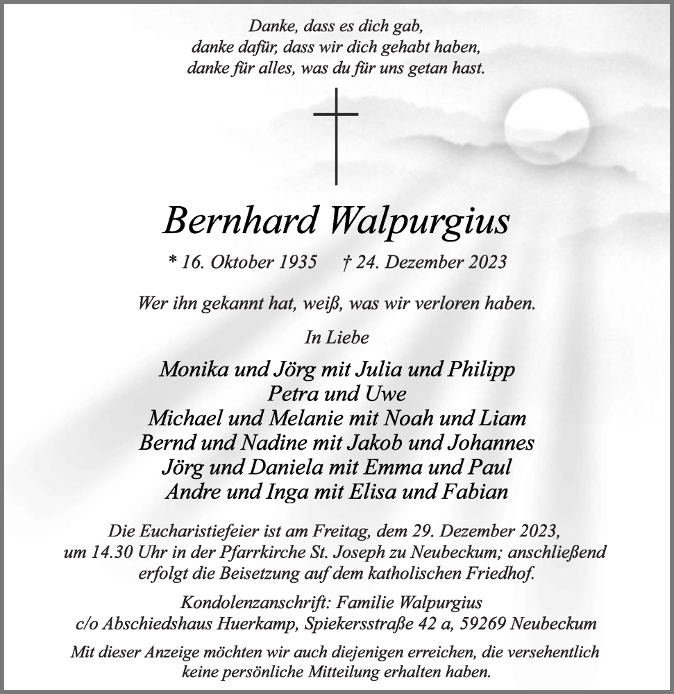  Traueranzeige für Bernhard Walpurgius vom 27.12.2023 aus Die Glocke