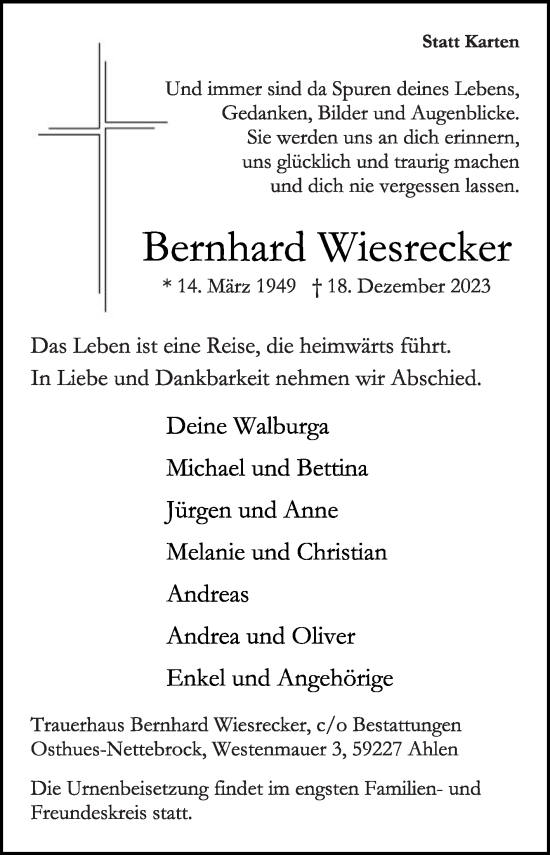 Traueranzeige von Bernhard Wiesrecker von Die Glocke