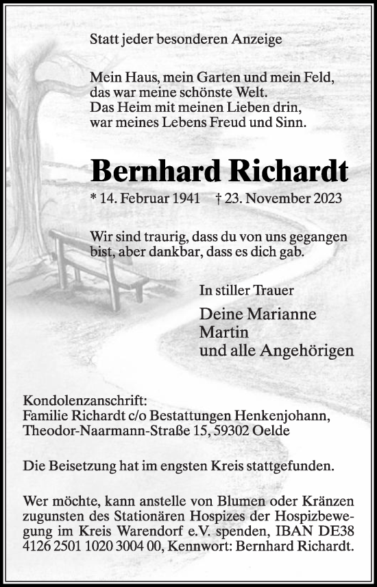 Traueranzeige von Bernhardt Richardt von Die Glocke