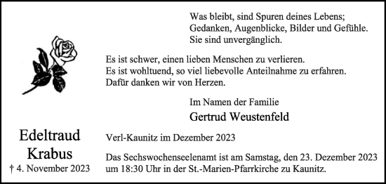 Traueranzeige von Edeltraud Krabus von Die Glocke