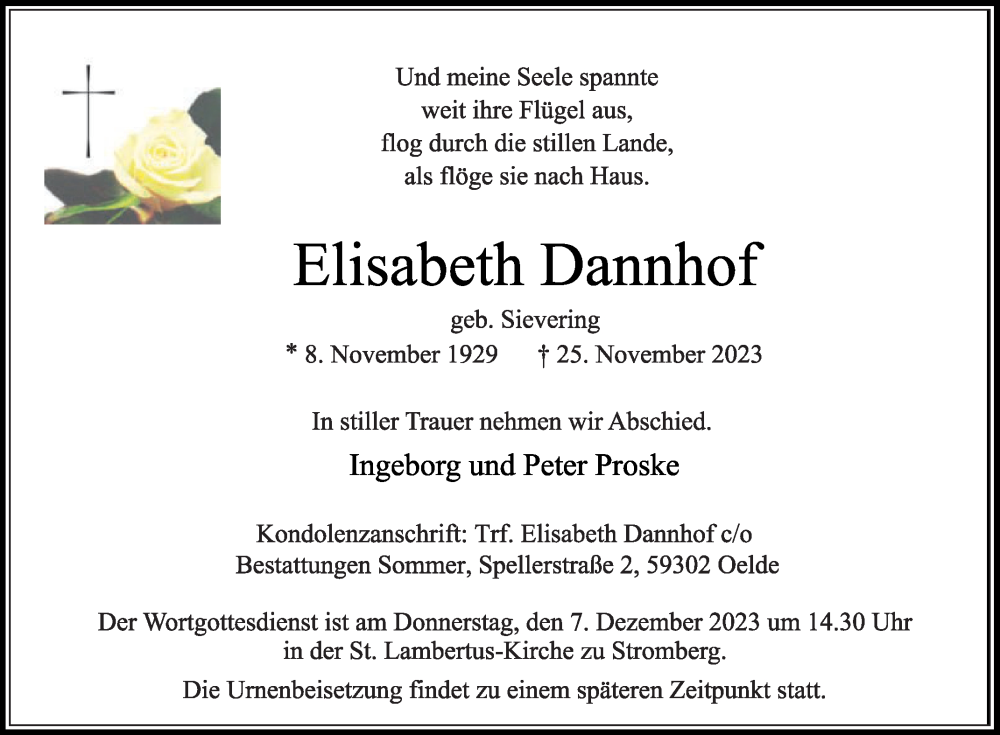  Traueranzeige für Elisabeth Dannhof vom 02.12.2023 aus Die Glocke