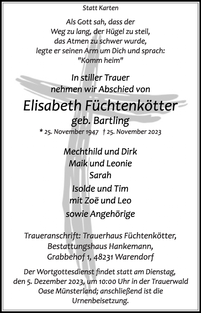  Traueranzeige für Elisabeth Füchtenkötter vom 02.12.2023 aus Die Glocke