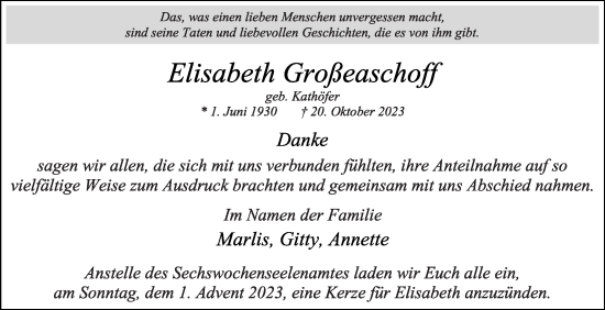 Traueranzeige von Elisabeth Großeaschoff von Die Glocke