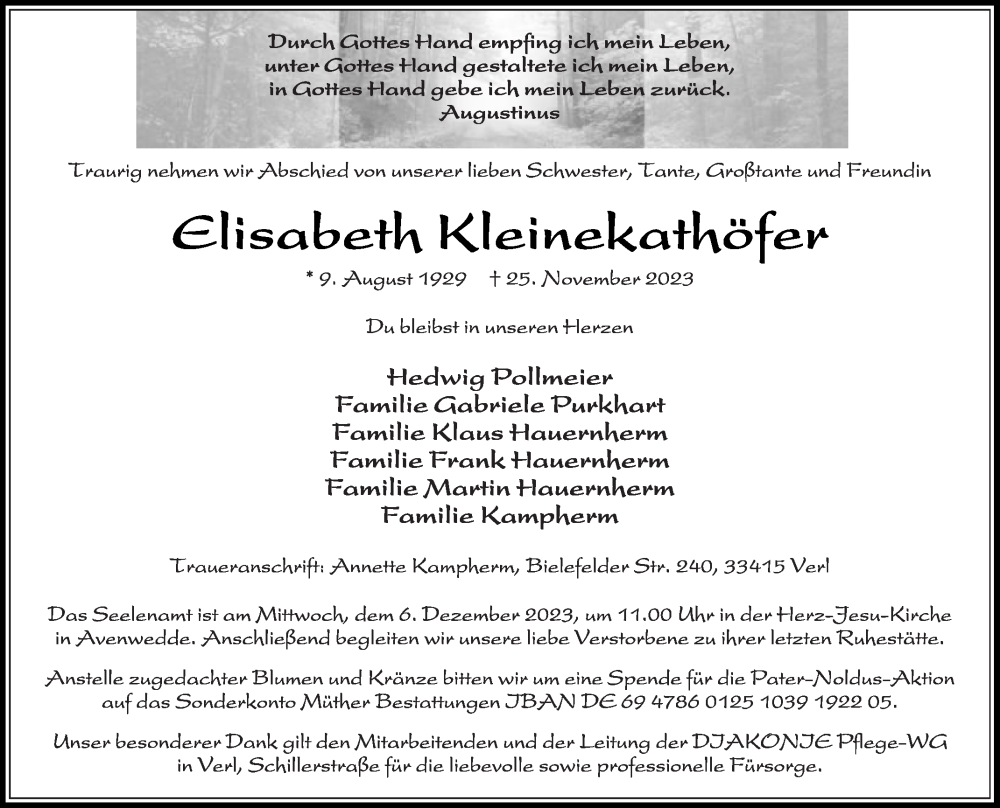  Traueranzeige für Elisabeth Kleinekathöfer vom 02.12.2023 aus Die Glocke