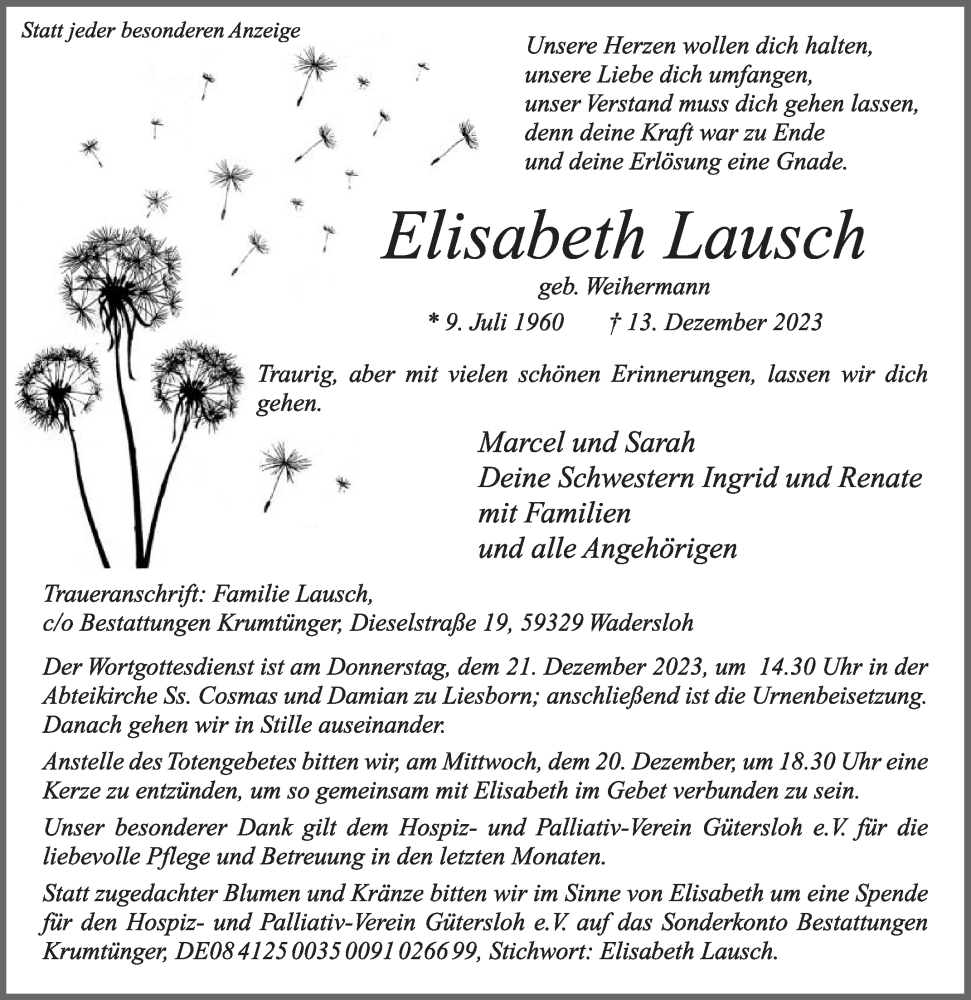  Traueranzeige für Elisabeth Lausch vom 16.12.2023 aus Die Glocke