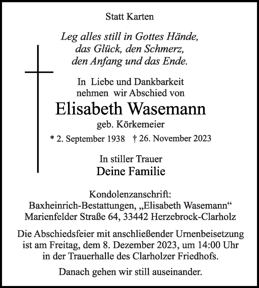  Traueranzeige für Elisabeth Wasemann vom 02.12.2023 aus Die Glocke