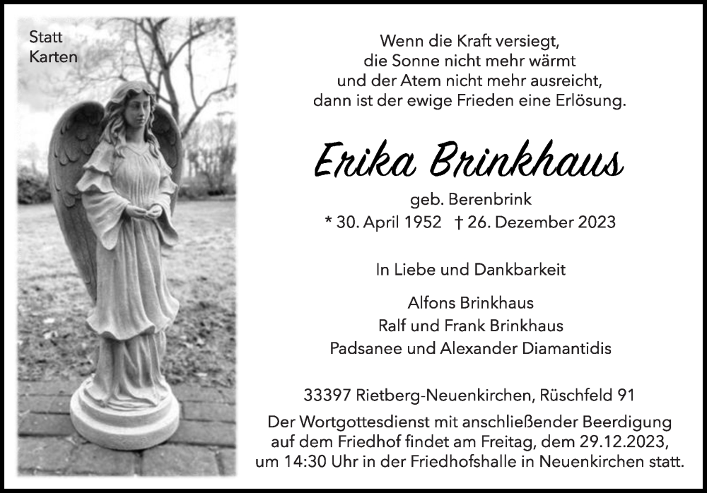  Traueranzeige für Erika Brinkhaus vom 28.12.2023 aus Die Glocke