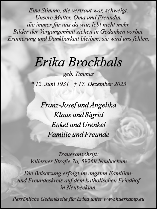 Traueranzeige von Erika Brockbals von Die Glocke