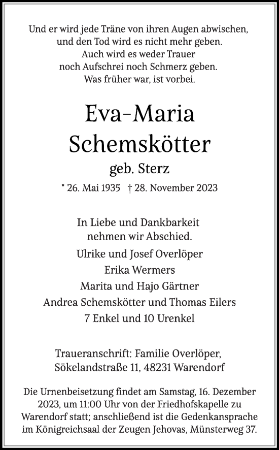 Traueranzeige von Eva-Maria Schemskötter von Die Glocke