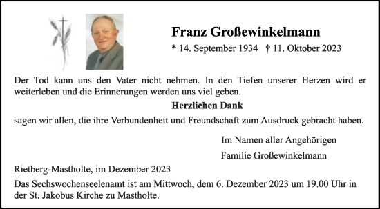 Traueranzeige von Franz Großewinkelmann von Die Glocke