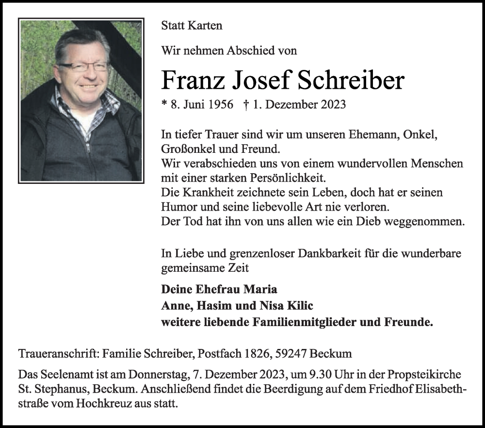  Traueranzeige für Franz Josef Schreiber vom 05.12.2023 aus Die Glocke