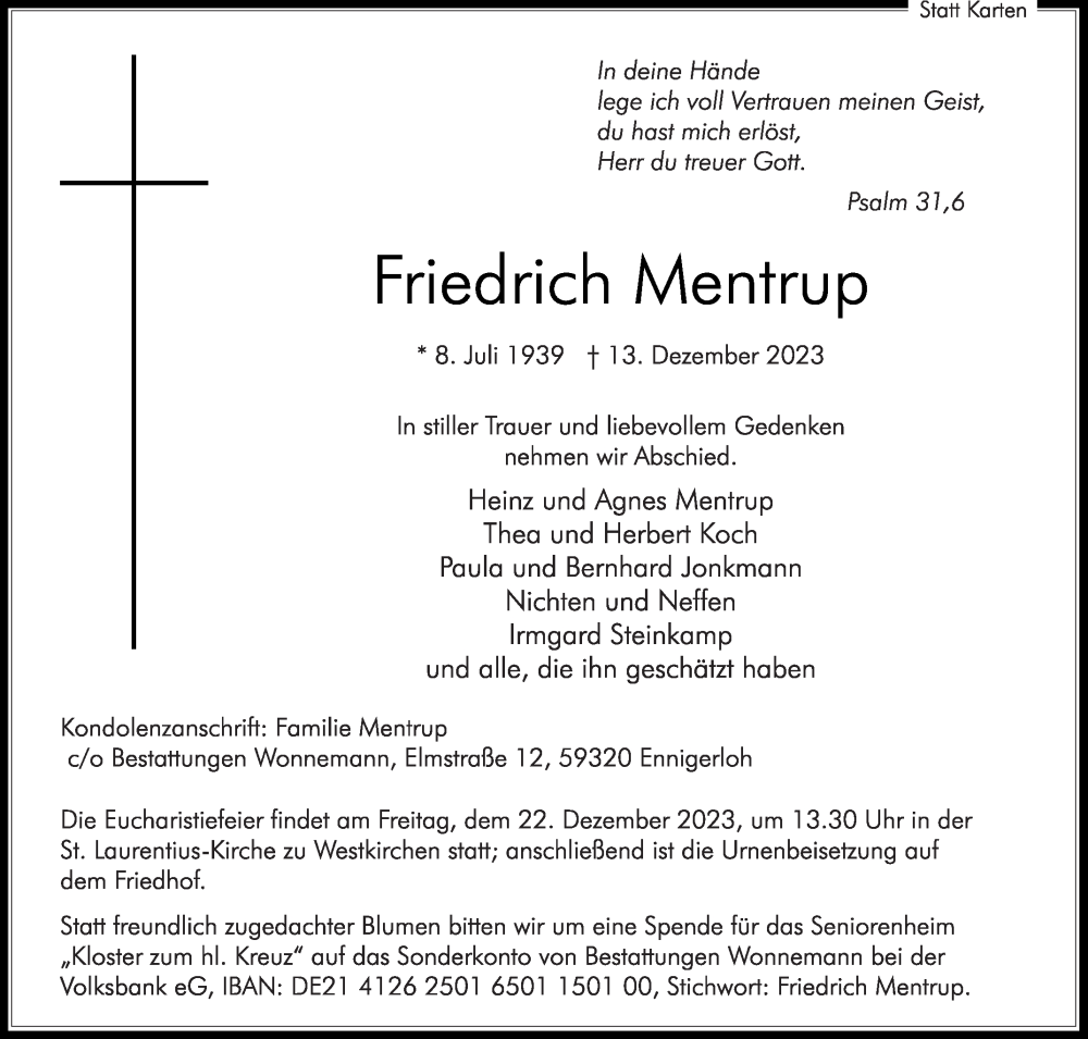  Traueranzeige für Friedrich Mentrup vom 16.12.2023 aus Die Glocke