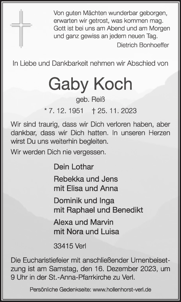  Traueranzeige für Gaby Koch vom 02.12.2023 aus Die Glocke