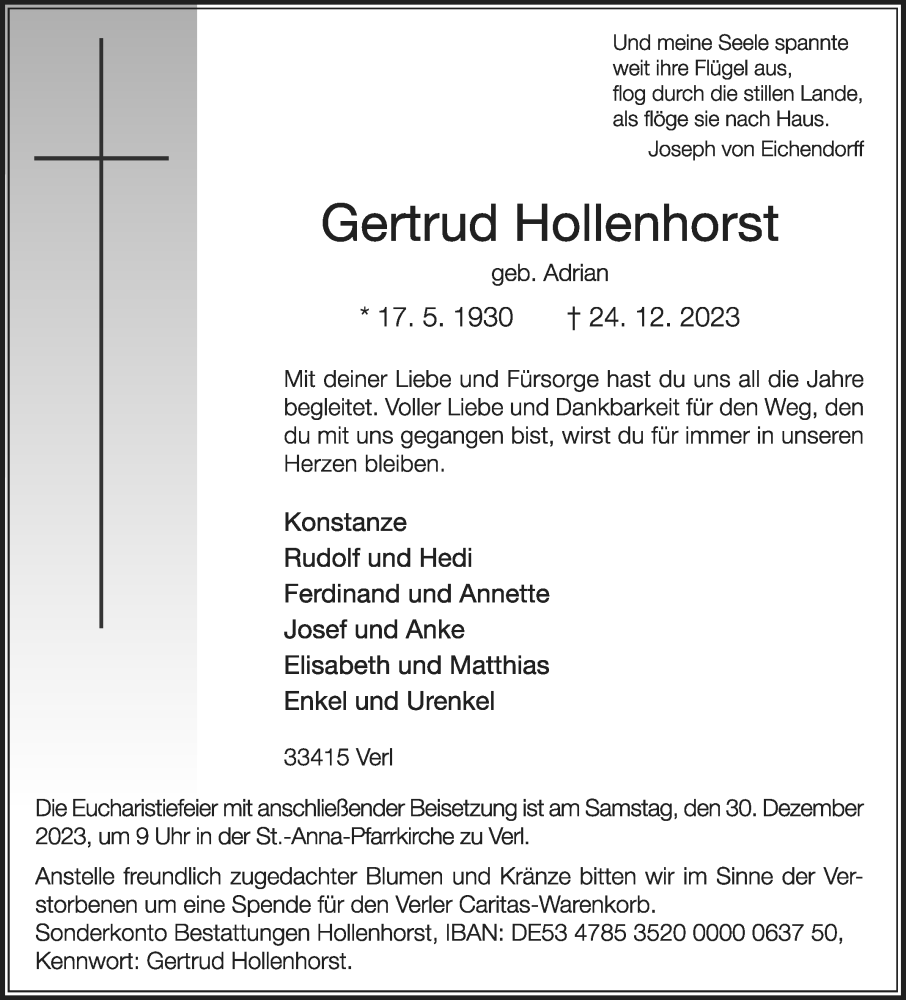  Traueranzeige für Gertrud Hollenhorst vom 27.12.2023 aus Die Glocke