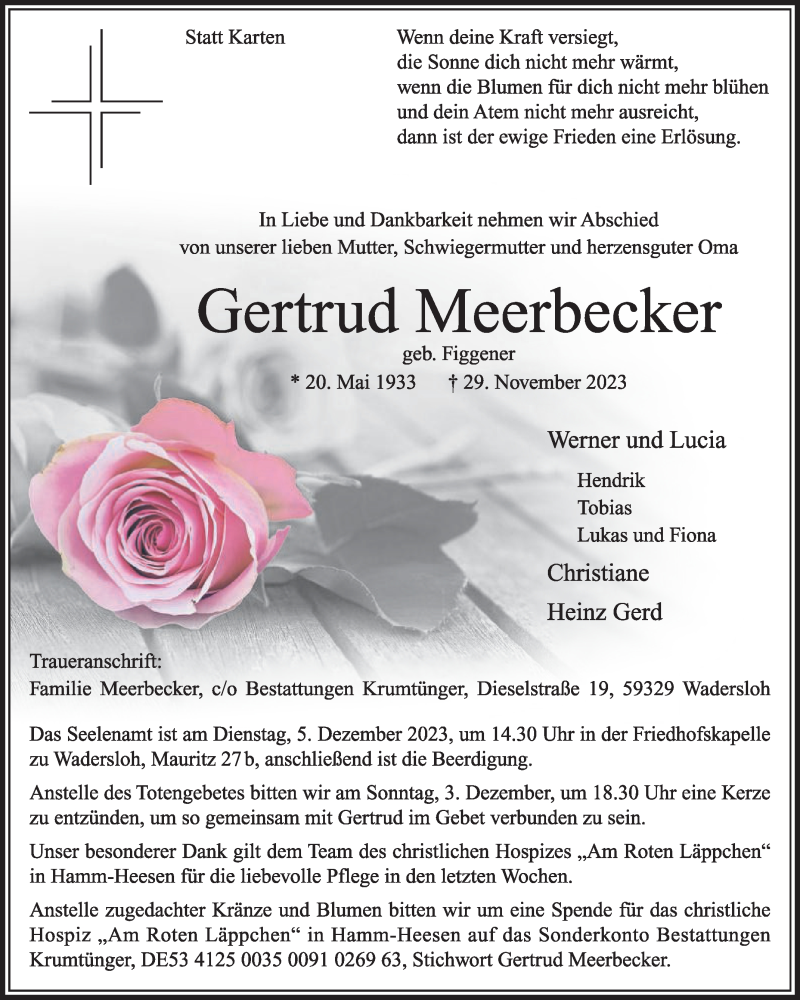  Traueranzeige für Gertrud Meerbecker vom 02.12.2023 aus Die Glocke
