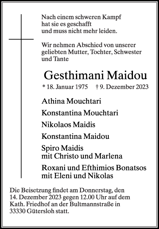 Traueranzeige von Gesthimani Maidou von Die Glocke