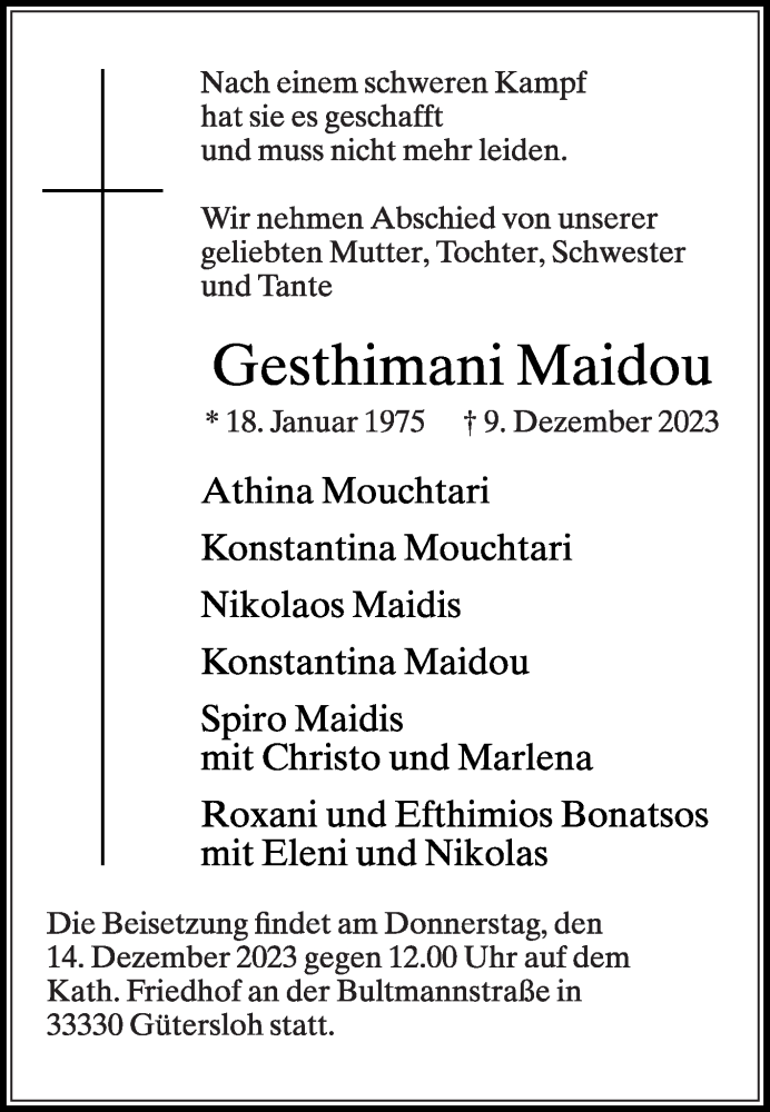  Traueranzeige für Gesthimani Maidou vom 13.12.2023 aus Die Glocke