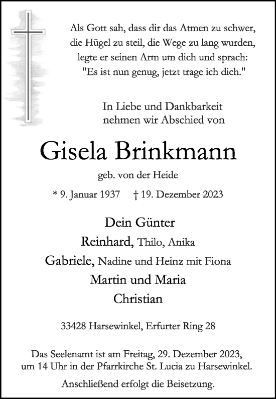 Traueranzeige von Gisela Brinkmann von Die Glocke