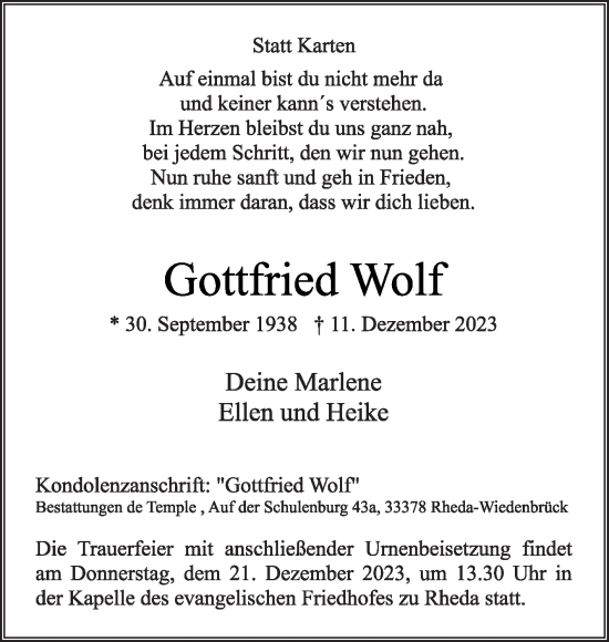 Traueranzeige von Gottfried Wolf von Die Glocke