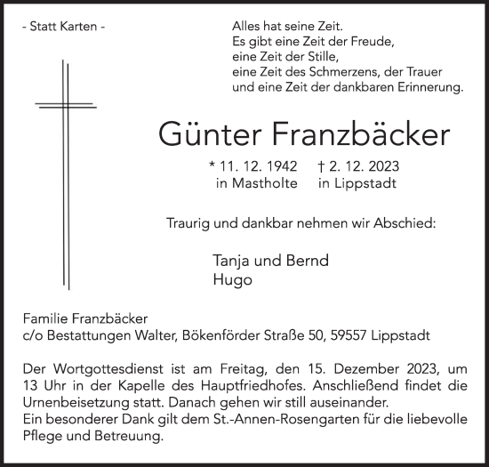 Traueranzeige von Günter Franzbäcker von Die Glocke