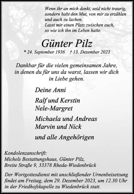 Traueranzeige von Günter Pilz von Die Glocke