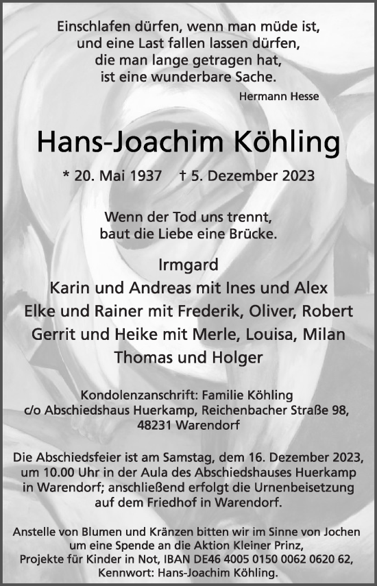 Traueranzeige von Hans-Joachim Köhling von Die Glocke