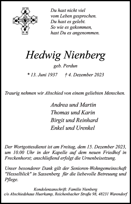 Traueranzeige von Hedwig Nienberg von Die Glocke