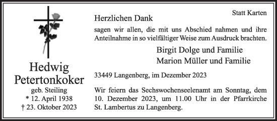 Traueranzeige von Hedwig Petertonkoker von Die Glocke