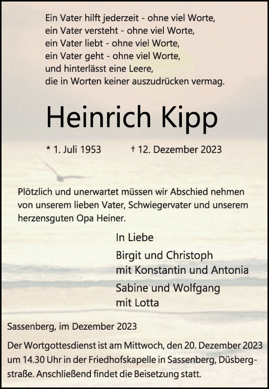 Traueranzeige von Heinrich Kipp von Die Glocke