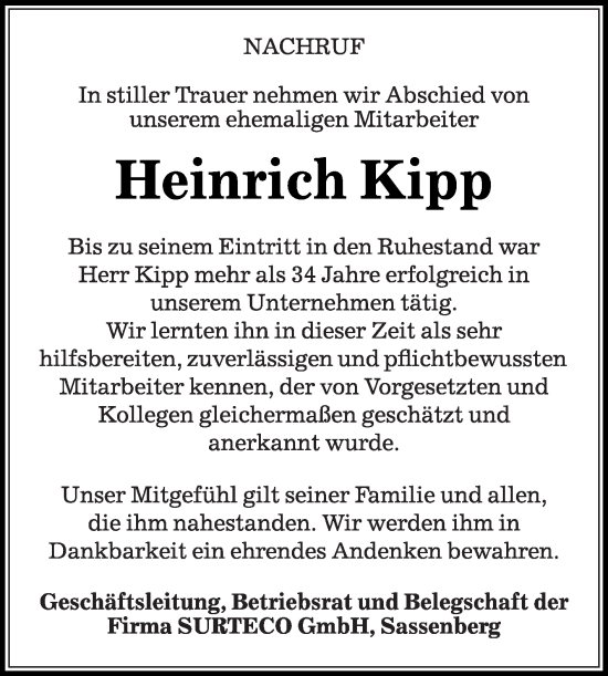 Traueranzeige von Heinrich Kipp von Die Glocke