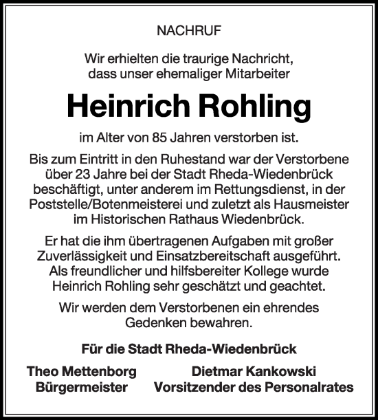 Traueranzeige von Heinrich Rohling von Die Glocke