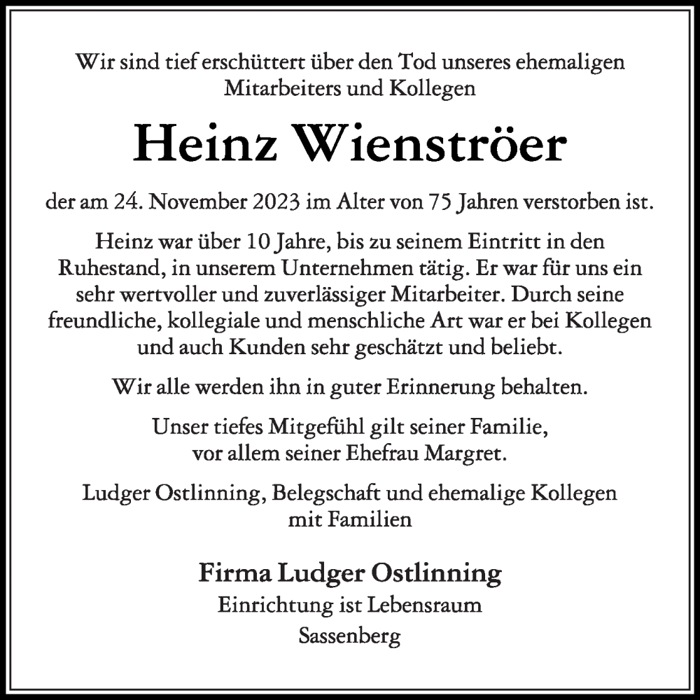  Traueranzeige für Heinz Wienströer vom 02.12.2023 aus Die Glocke