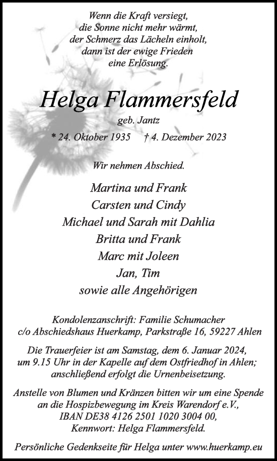 Traueranzeige von Helga Flammersfeld von Die Glocke