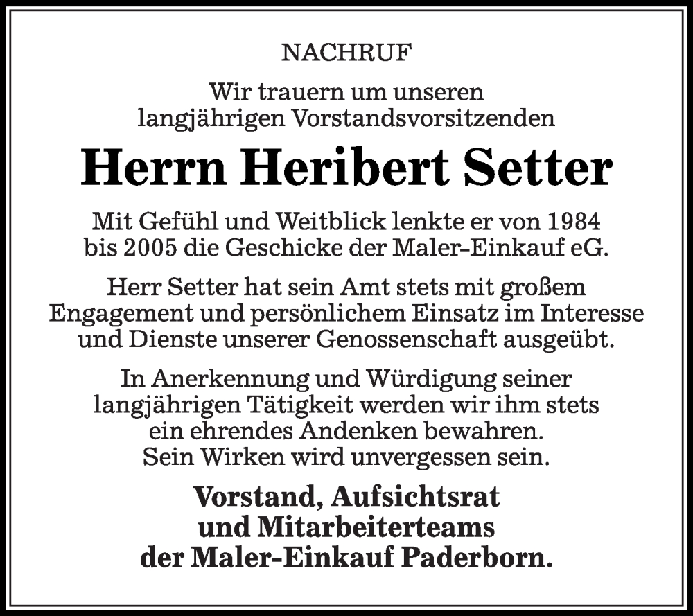  Traueranzeige für Heribert Setter vom 09.12.2023 aus Die Glocke