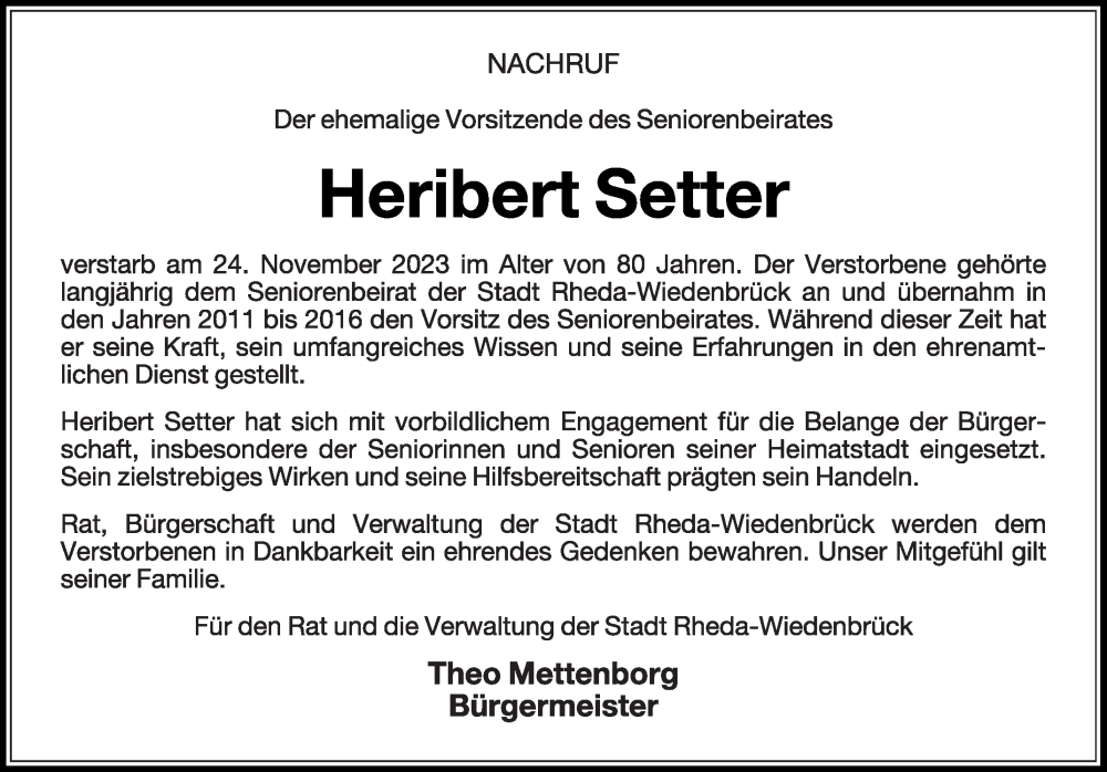  Traueranzeige für Heribert Setter vom 23.12.2023 aus Die Glocke
