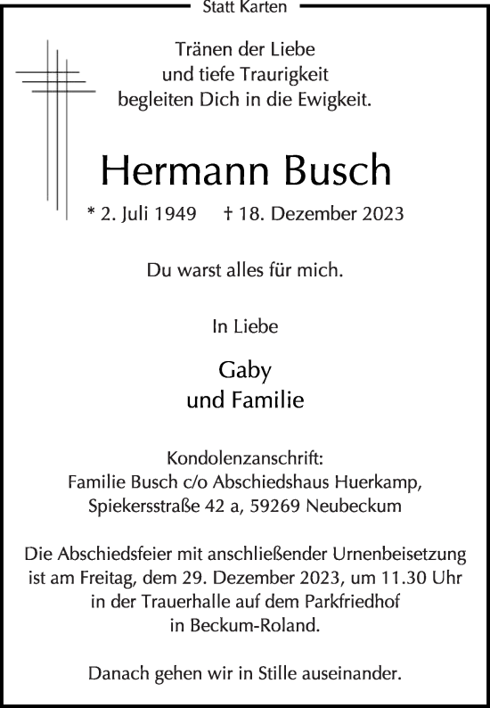 Traueranzeige von Hermann Busch von Die Glocke