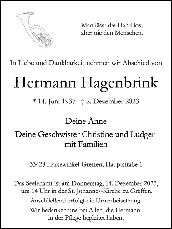 Traueranzeige von Hermann Hagenbrink von Die Glocke