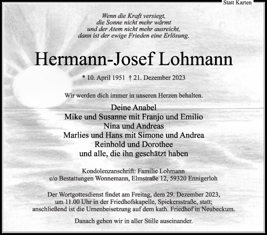 Traueranzeige von Hermann-Josef Lohmann von Die Glocke