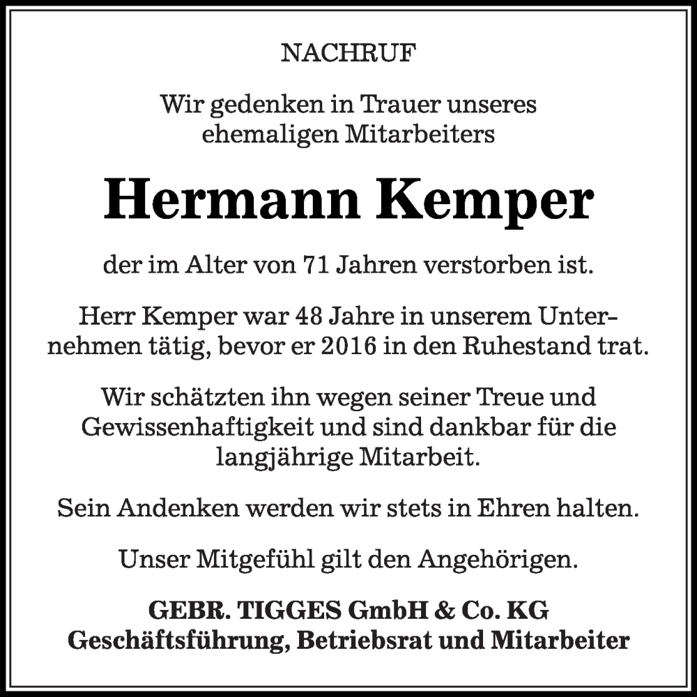  Traueranzeige für Hermann Kemper vom 06.12.2023 aus Die Glocke