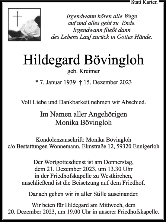 Traueranzeige von Hildegard Bövingloh von Die Glocke