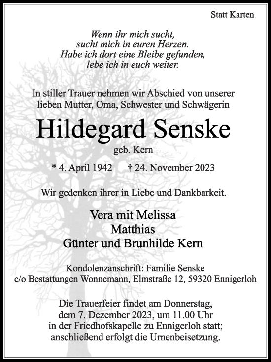 Traueranzeige von Hildegard Senske von Die Glocke