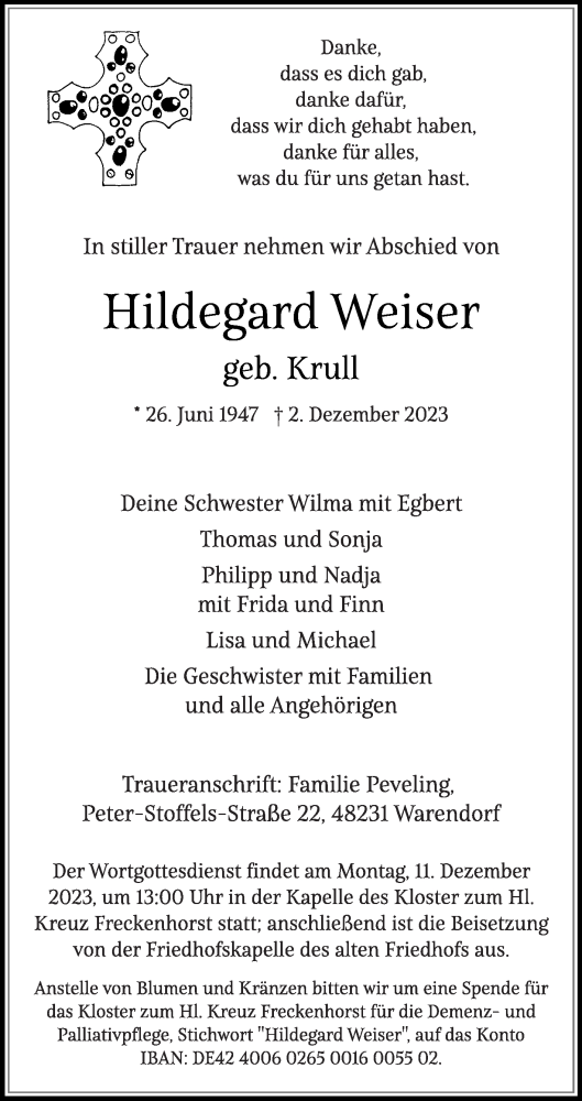 Traueranzeige von Hildegard Weiser von Die Glocke