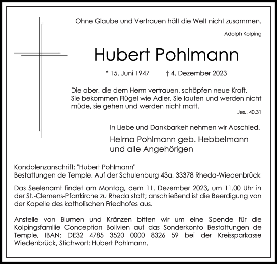 Traueranzeige von Hubert Pohlmann von Die Glocke