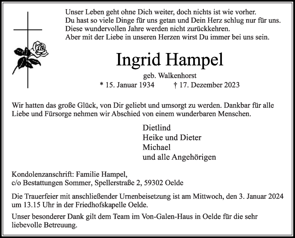  Traueranzeige für Ingrid Hampel vom 23.12.2023 aus Die Glocke