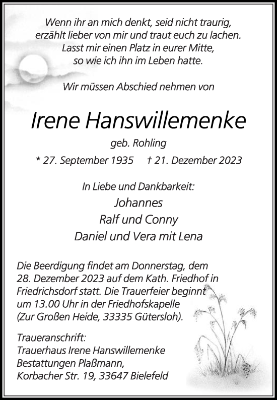 Traueranzeige von Irene Hanswillemenke von Die Glocke